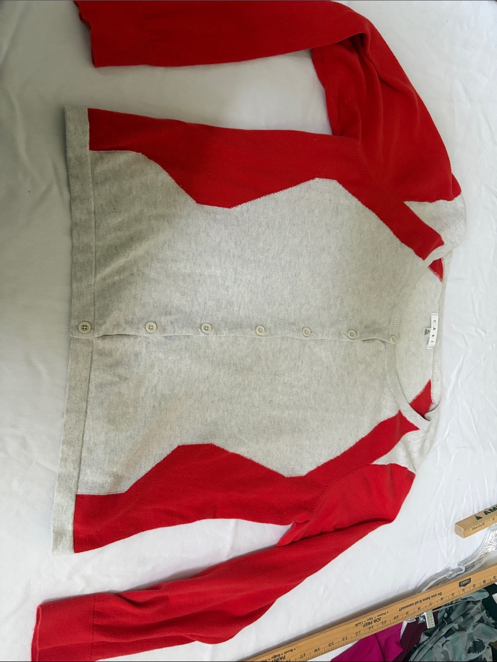 CAbi Red and Light Gray Button-Up Sweater Cardigan